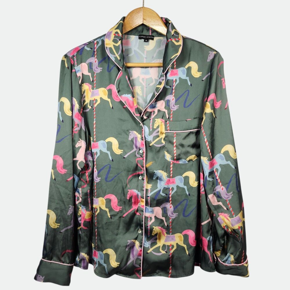 Karen Mabon Whimsical CAROUSEL Satin Pajama Shirt Women's Size XLARGE Green RARE